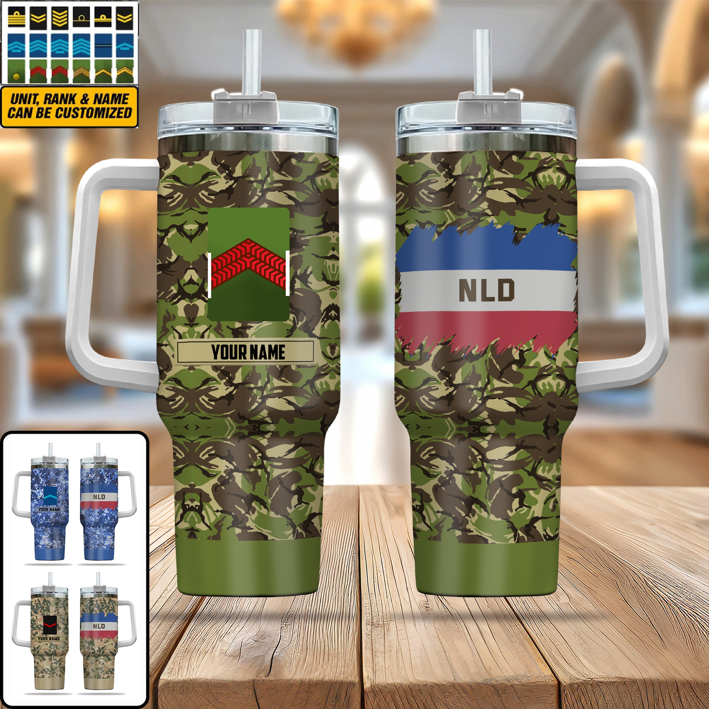 Soldat/Vétéran des Pays-Bas personnalisé avec camouflage et nom et grade, verre de 40 oz imprimé en 3D - 2401240001