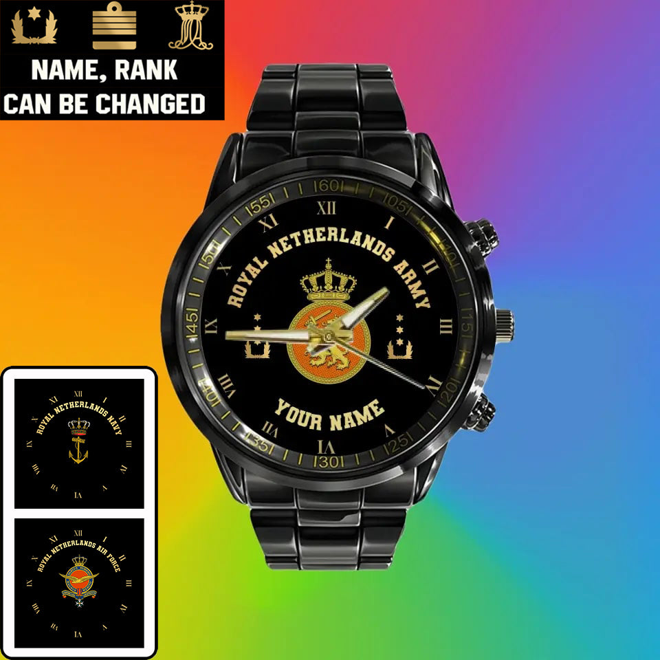 Personalized Netherlands Soldier/ Veteran With Name And Rank  Black Stainless Steel Watch - 0803240001 - Gold Version