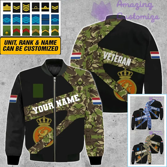 Personalisierte Bomberjacke mit Camouflage-Muster für niederländische Soldaten/Veteranen mit Namen und Rang, 3D-Druck – 300124QA