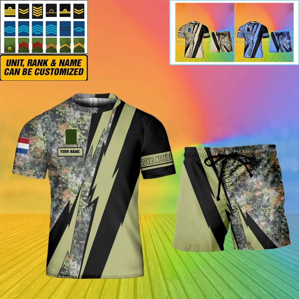 Personalisiertes niederländisches Soldaten-/Veteranen-Tarnmuster mit Namen und Rang, Kombi-T-Shirt + Shorts, 3D-Druck -03042401QA