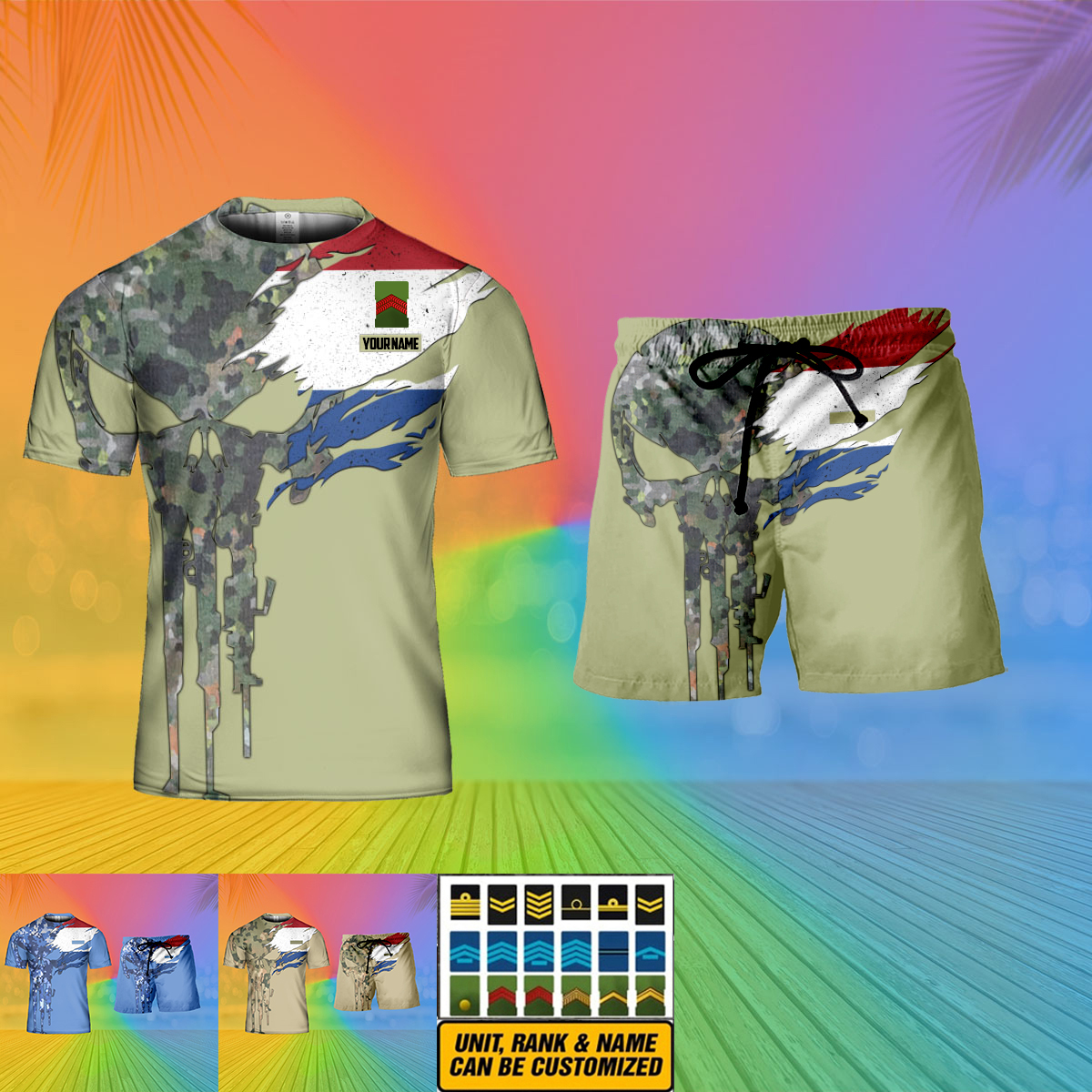 Personalisiertes niederländisches Soldaten-/Veteranen-Tarnmuster mit Namen und Rang, Kombi-T-Shirt + Short, 3D-Druck