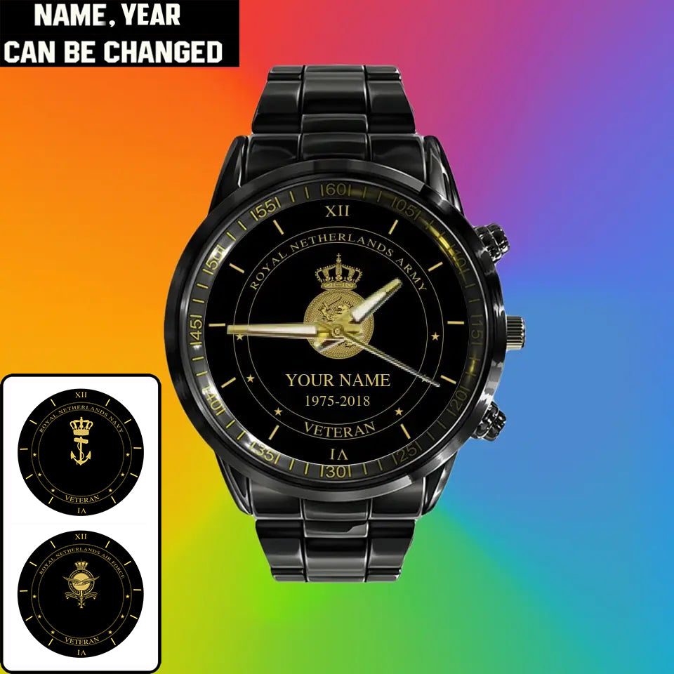 Personalized Netherlands Soldier/ Veteran With Name And Year Black Stainless Steel Watch - 17105472 - Gold Version