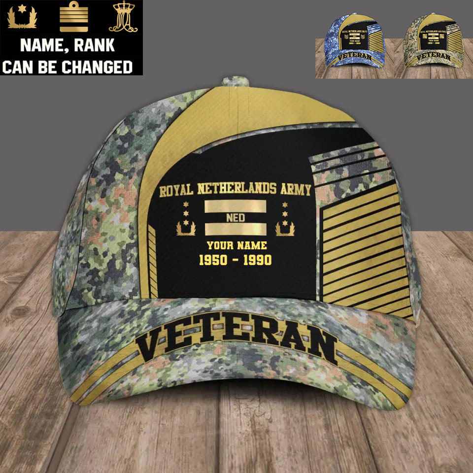 Casquette de baseball camouflage personnalisée avec grade, année et nom de soldat/vétéran des Pays-Bas - 17109792