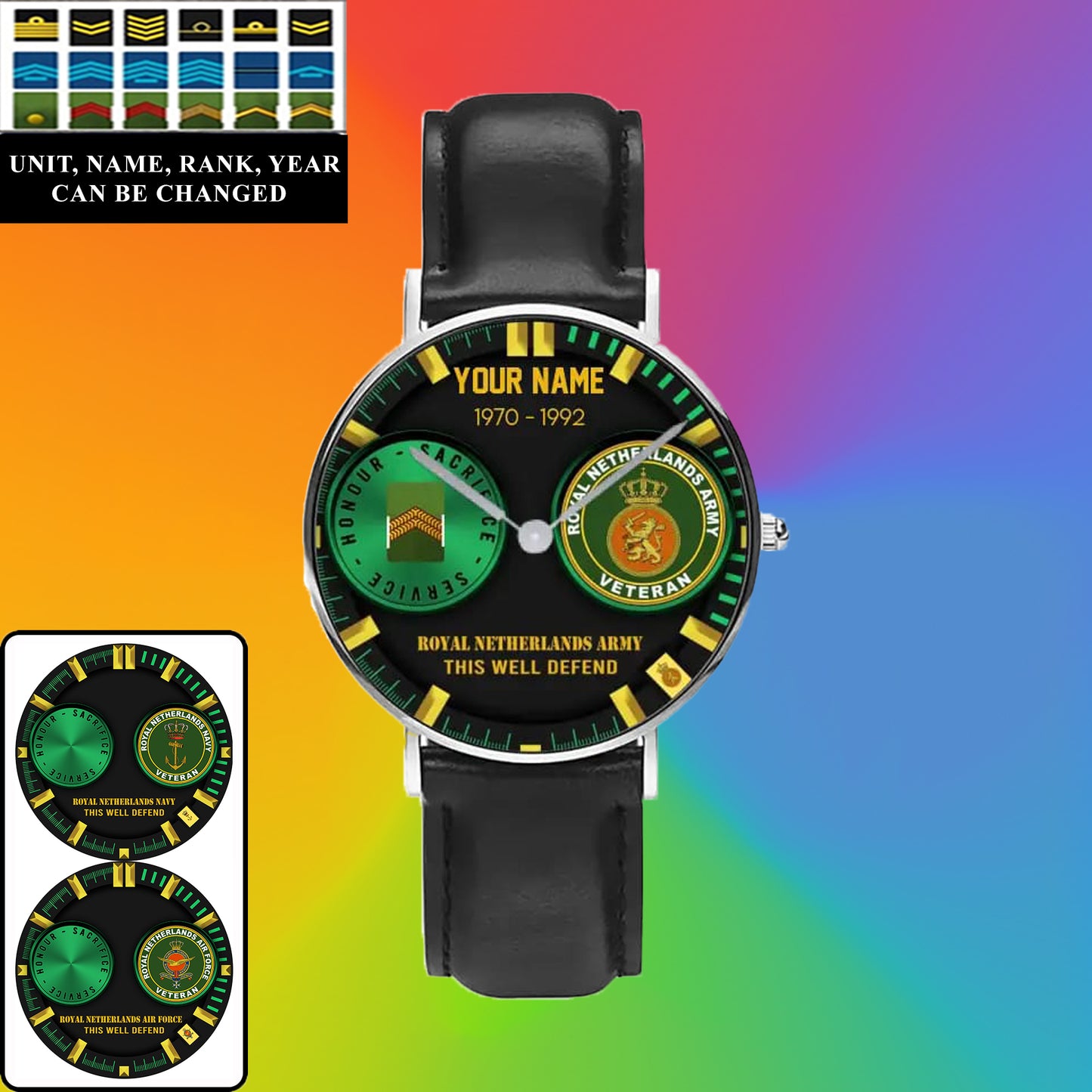 Personalized Netherlands Soldier/ Veteran With Name, Rank and Year Black Stitched Leather Watch - 18062402QA - Gold Version