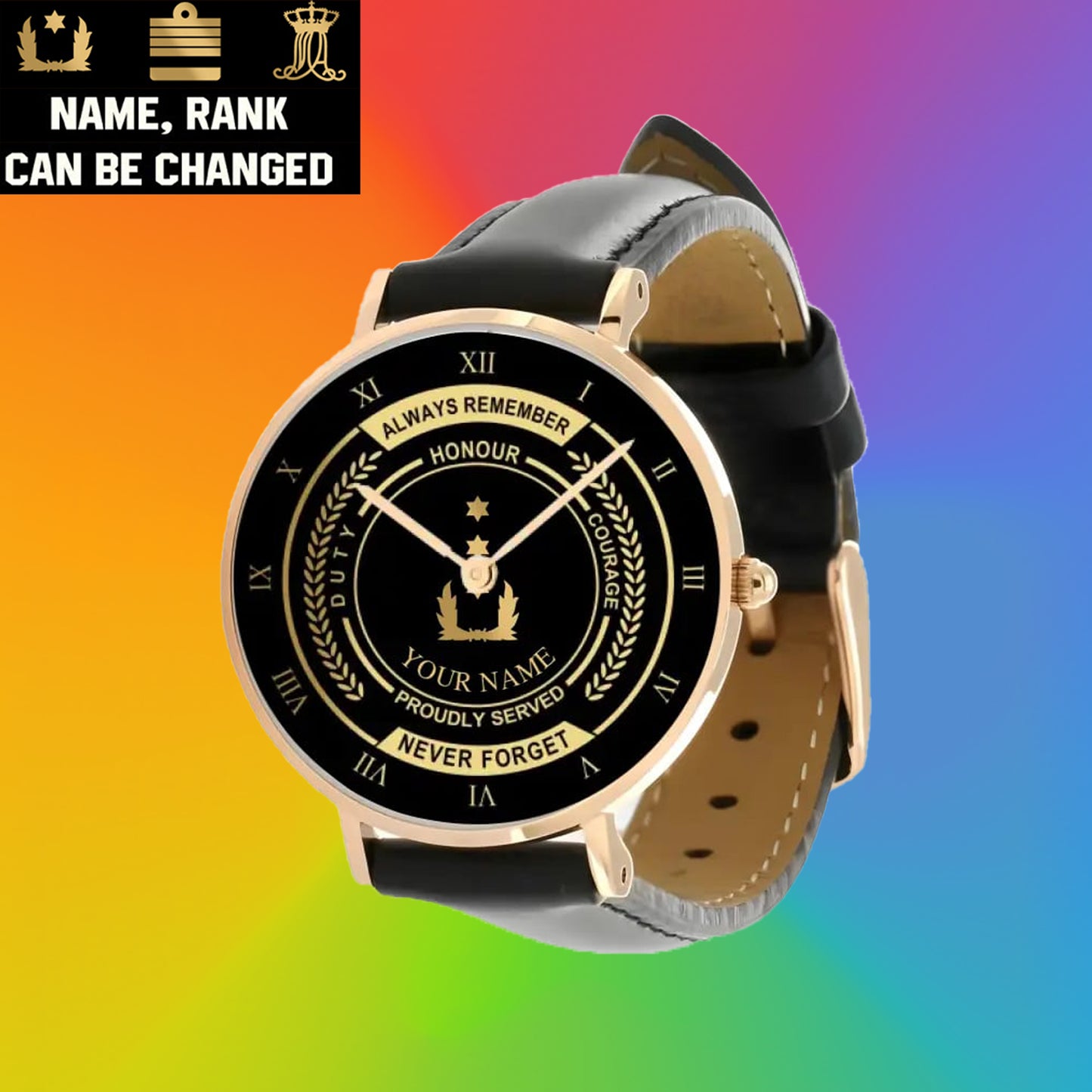 Montre personnalisée en cuir noir cousu pour soldat/vétéran néerlandais avec nom et grade - 0603240002 - Version dorée