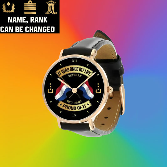 Personalized Netherlands Soldier/ Veteran With Name and Rank Black Stitched Leather Watch - 03052401QA - Gold Version