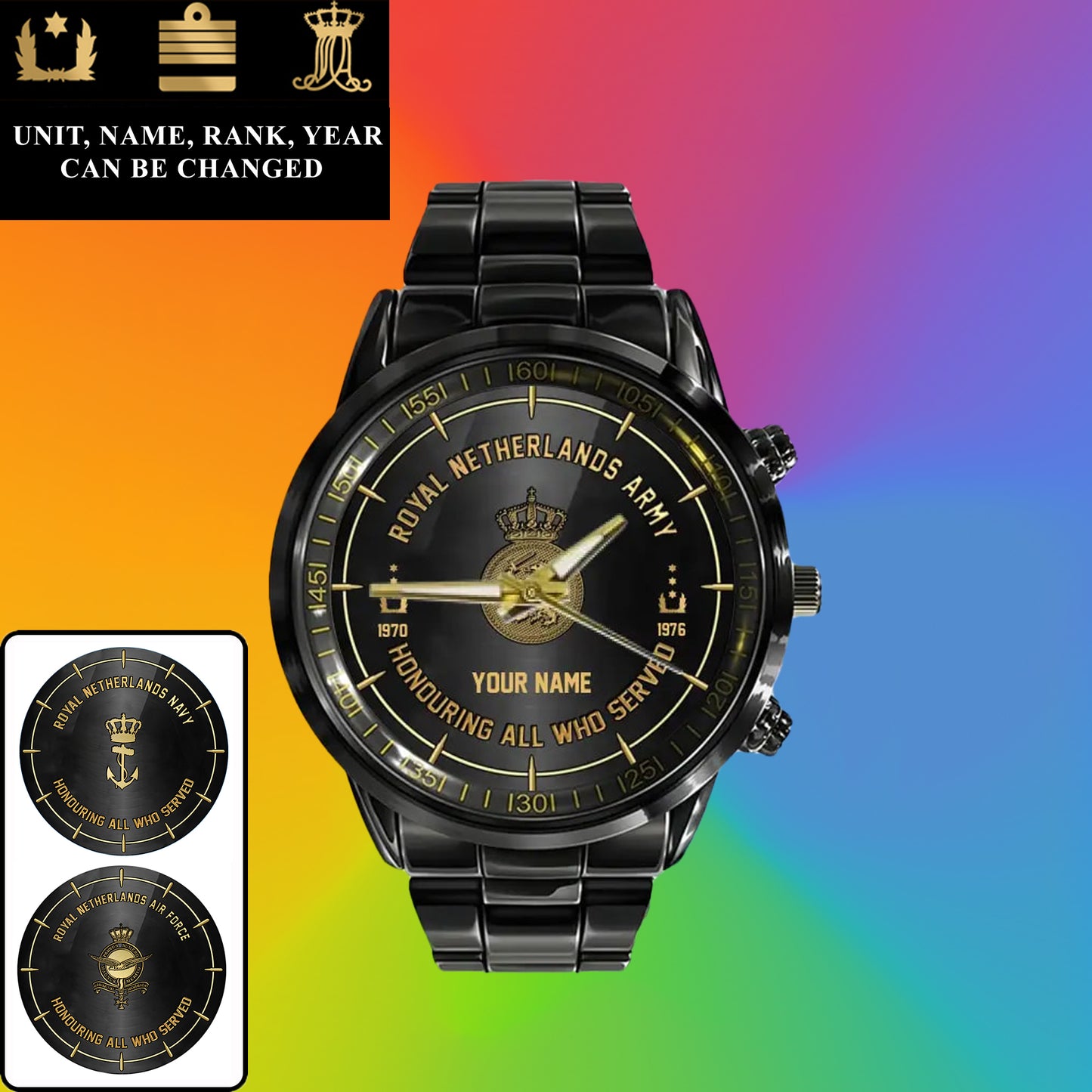 Montre personnalisée en acier inoxydable noir pour soldat/vétéran des Pays-Bas avec nom, grade et année - 26042401QA - Version dorée