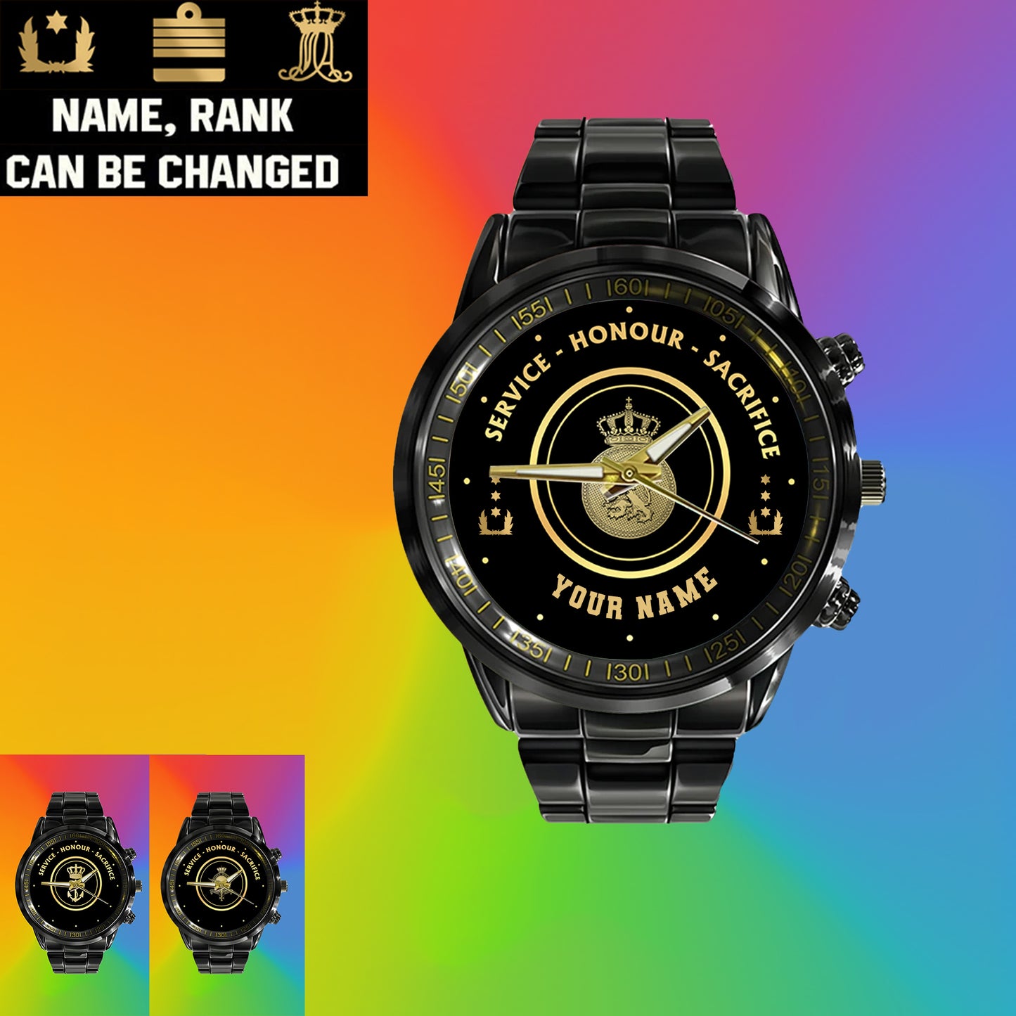 Personalized Netherlands Soldier/ Veteran With Name And Rank Black Stainless Steel Watch - 2603240001 - Gold Version