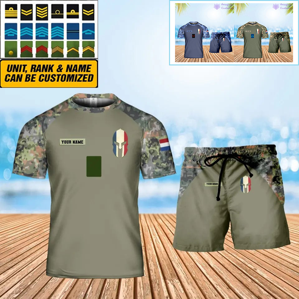 Personalisiertes niederländisches Soldaten-/Veteranen-Tarnmuster mit Namen und Rang, Kombi-T-Shirt + Short, 3D-Druck – 1010230001QA