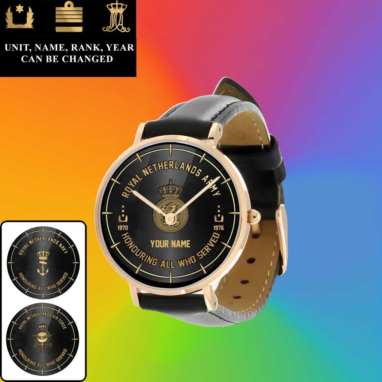 Montre personnalisée en cuir noir avec coutures noires pour soldat/vétéran des Pays-Bas avec nom, grade et année - 26042401QA - Version dorée