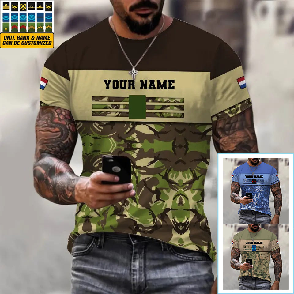 T-shirt personnalisé avec camouflage soldat/vétéran des Pays-Bas avec nom et grade imprimé en 3D - 1201240001QA