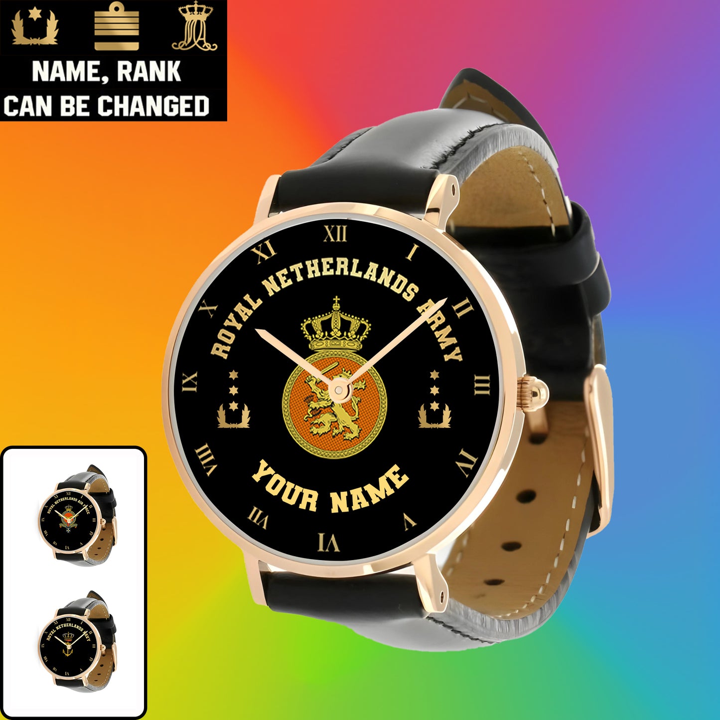 Montre personnalisée en cuir noir cousu avec nom et grade pour soldat/vétéran néerlandais - 0803240001 - Version dorée