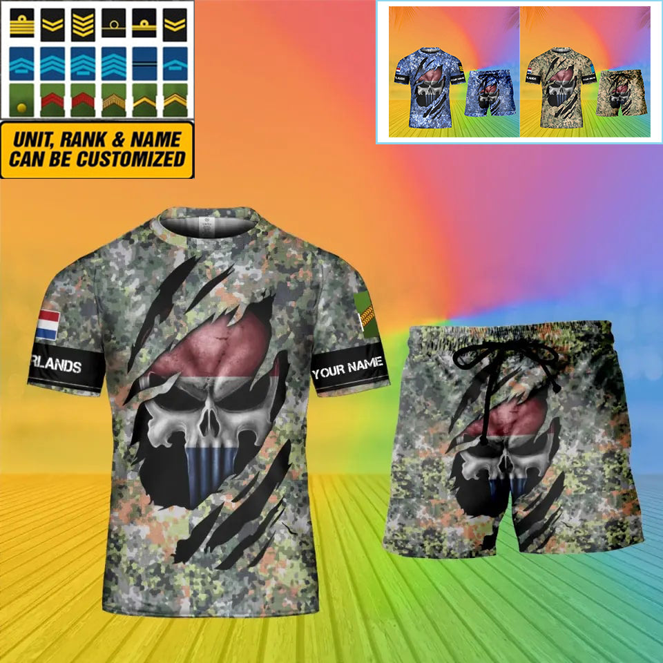 T-shirt personnalisé avec camouflage soldat/vétéran néerlandais avec nom et grade + short imprimé en 3D - 08042402QA