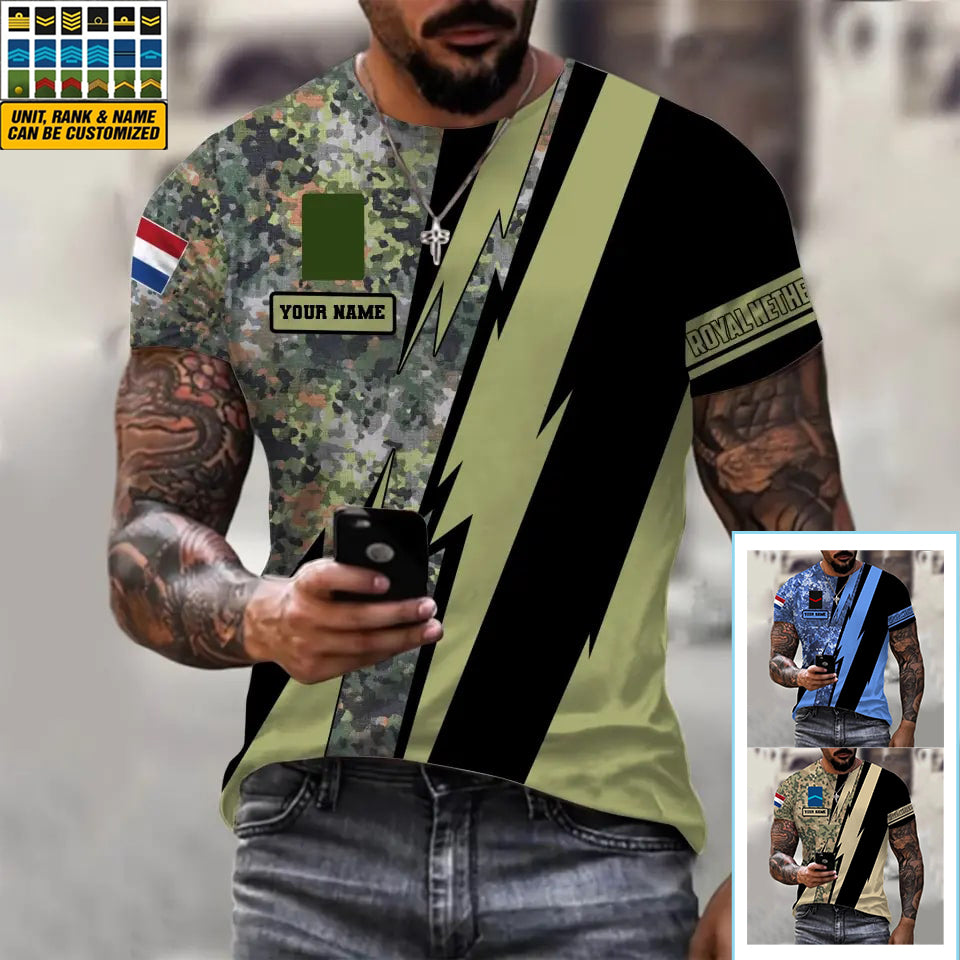 T-shirt personnalisé avec camouflage soldat/vétéran néerlandais avec nom et grade imprimé en 3D - 030424QA