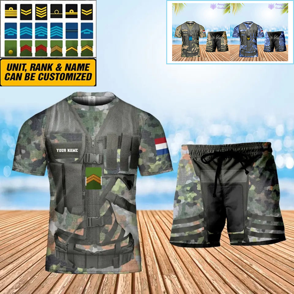 Personalisiertes niederländisches Soldaten-/Veteranen-Tarnmuster mit Namen und Rang, Kombi-T-Shirt + Short, 3D-Druck – 22042401QA