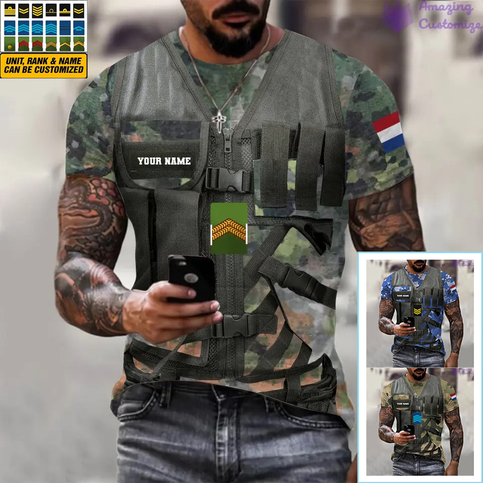 Personalisiertes T-Shirt mit 3D-Druck „Niederländischer Soldat/Veteran“ im Camouflage-Muster mit Namen und Rang – 22042401QA