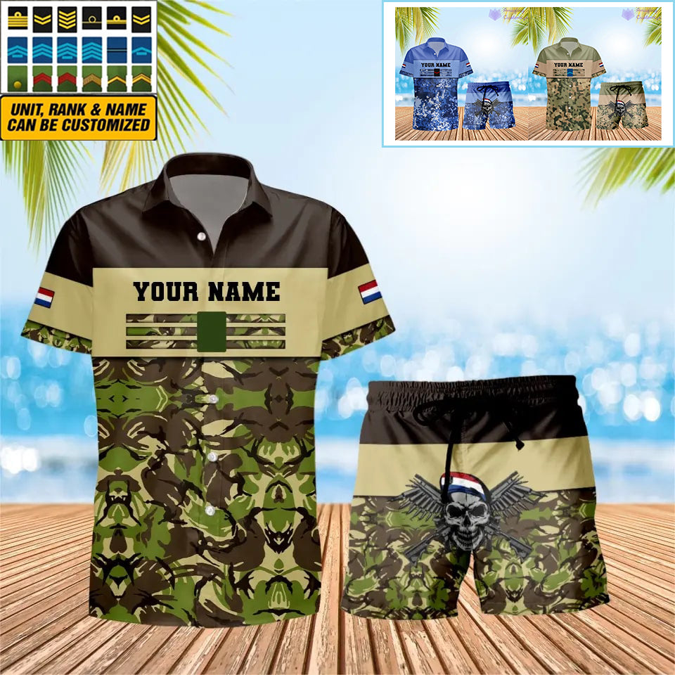 T-shirt et short Hawaï personnalisés avec camouflage soldat/vétéran des Pays-Bas et combo de grades imprimés en 3D - 1201240001QA