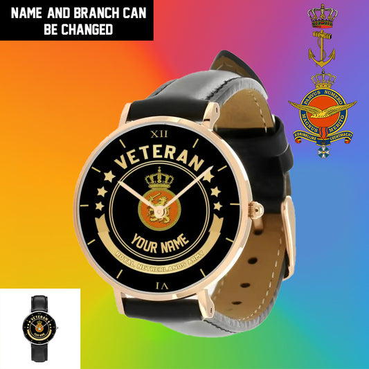 Personalized Netherlands Soldier/ Veteran With Name Black Stitched Leather Watch - 1103240001 - Gold Version