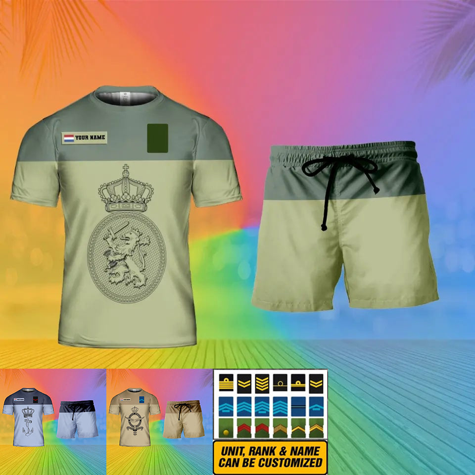 Personalisiertes niederländisches Soldaten-/Veteranen-Tarnmuster mit Namen und Rang, Kombi-T-Shirt + Short, 3D-Druck – 15Mar2401