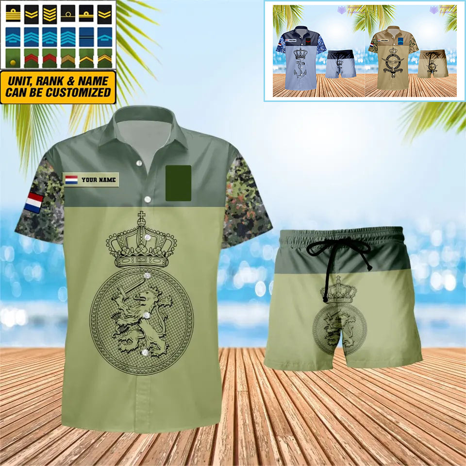 T-shirt Hawaï personnalisé avec camouflage soldat/vétéran des Pays-Bas et combo de grades + short imprimés en 3D - 0906230001QA