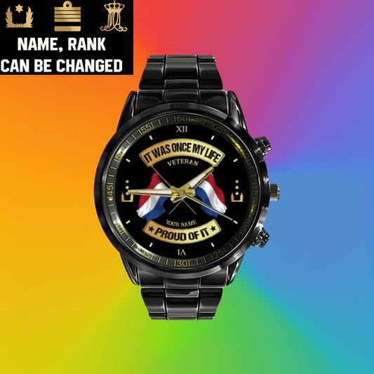 Personalized Netherlands Soldier/ Veteran With Name and Rank Black Stainless Steel Watch - 03052401QA - Gold Version