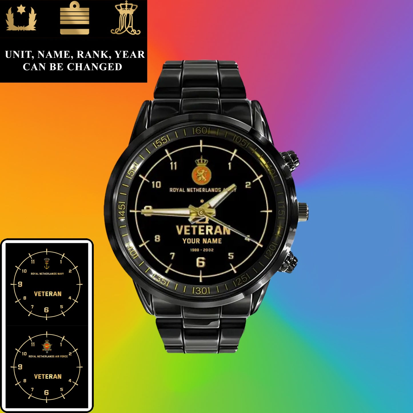 Montre personnalisée en acier inoxydable noir pour soldat/vétéran des Pays-Bas avec nom, grade et année - 03052402QA - Version dorée