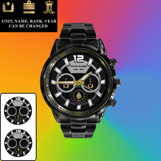 Personalized Netherlands Soldier/ Veteran With Name, Rank and Year Black Stainless Steel Watch - 27042401QA - Gold Version