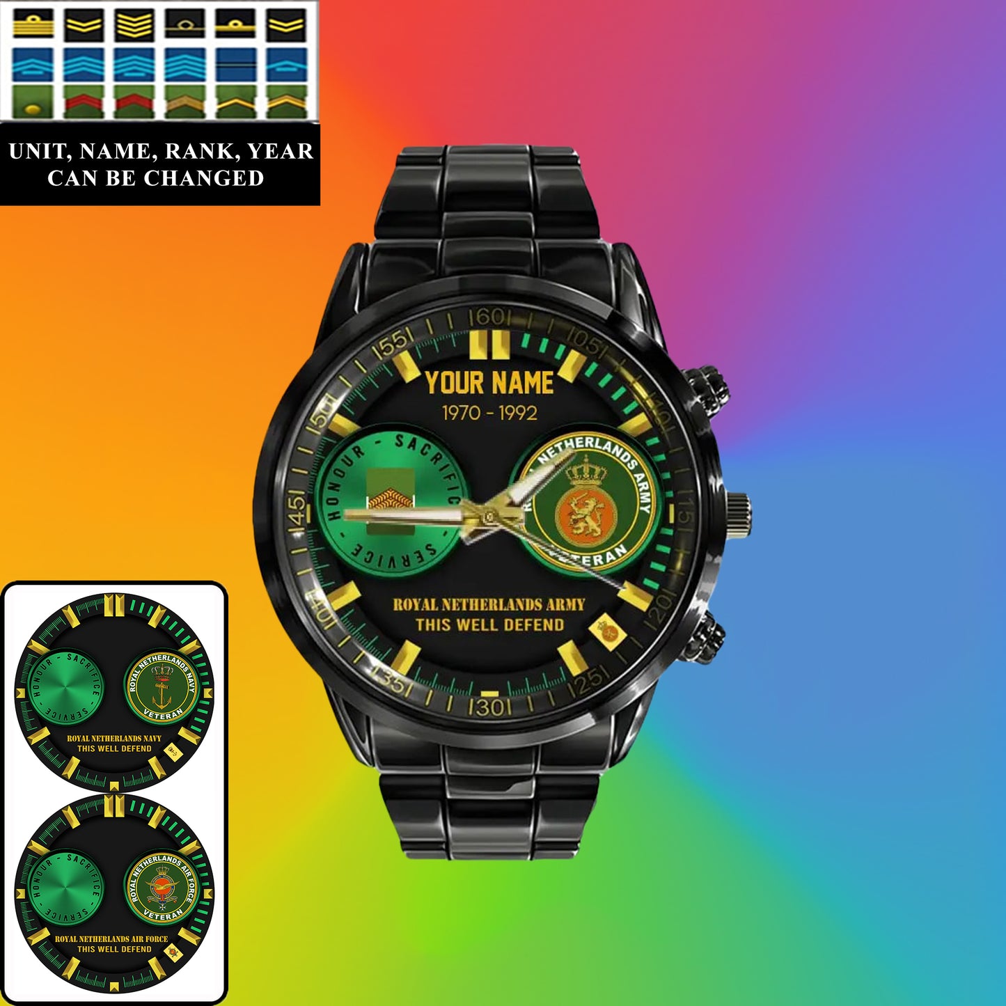 Personalized Netherlands Soldier/ Veteran With Name, Rank and Year Black Stainless Steel Watch - 1718668801 - Gold Version