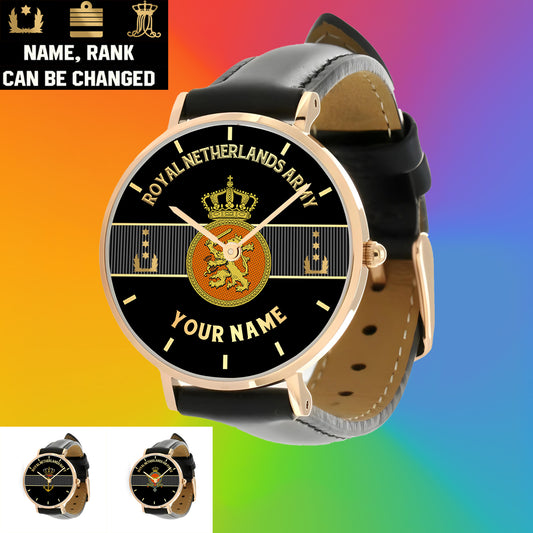 Personalized Netherlands Soldier/ Veteran With Name And Rank Black Stitched Leather Watch - 0703240001 - Gold Version