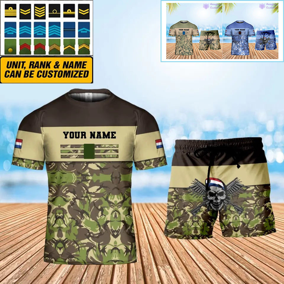 Personalisiertes niederländisches Soldaten-/Veteranen-Tarnmuster mit Namen und Rang, Kombi-T-Shirt + Short, 3D-Druck – 1201240001QA