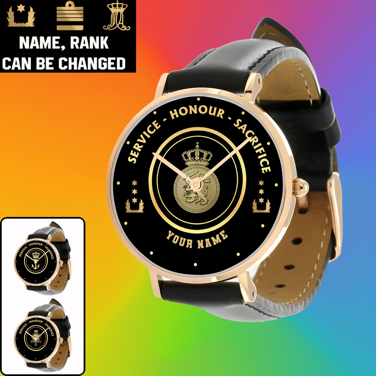 Personalisierte niederländische Soldat/Veteran mit Namen, Rang, schwarze genähte Lederuhr – 2603240001 – goldene Version