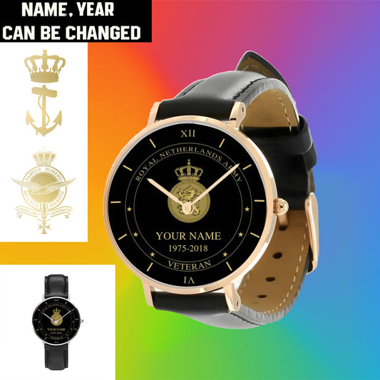 Personalized Netherlands Soldier/ Veteran With Name And Year Black Stitched Leather Watch - 1603240001 - Gold Version