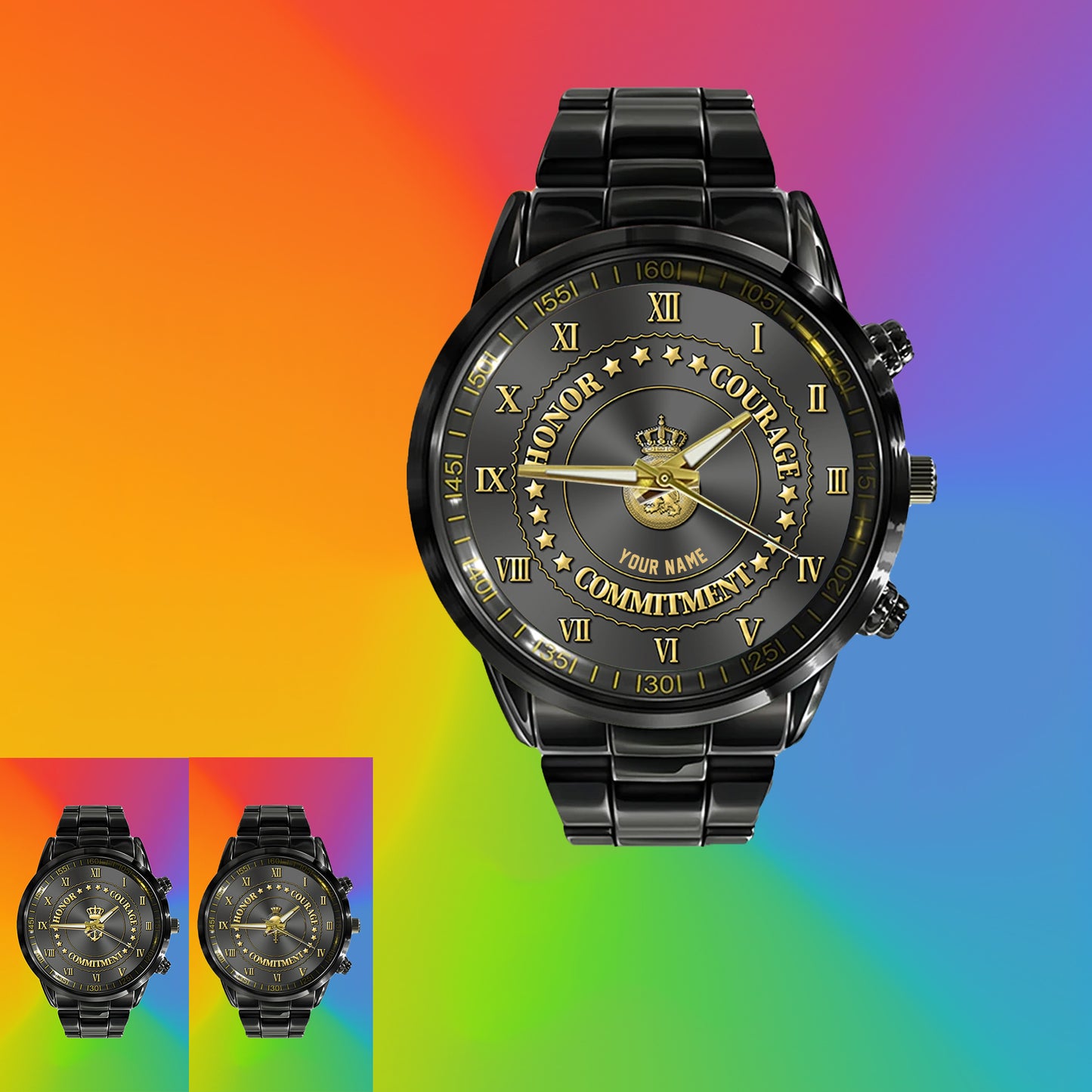 Personalized Netherlands Soldier/ Veteran With Name Black Stainless Steel Watch - 2203240001 - Gold Version