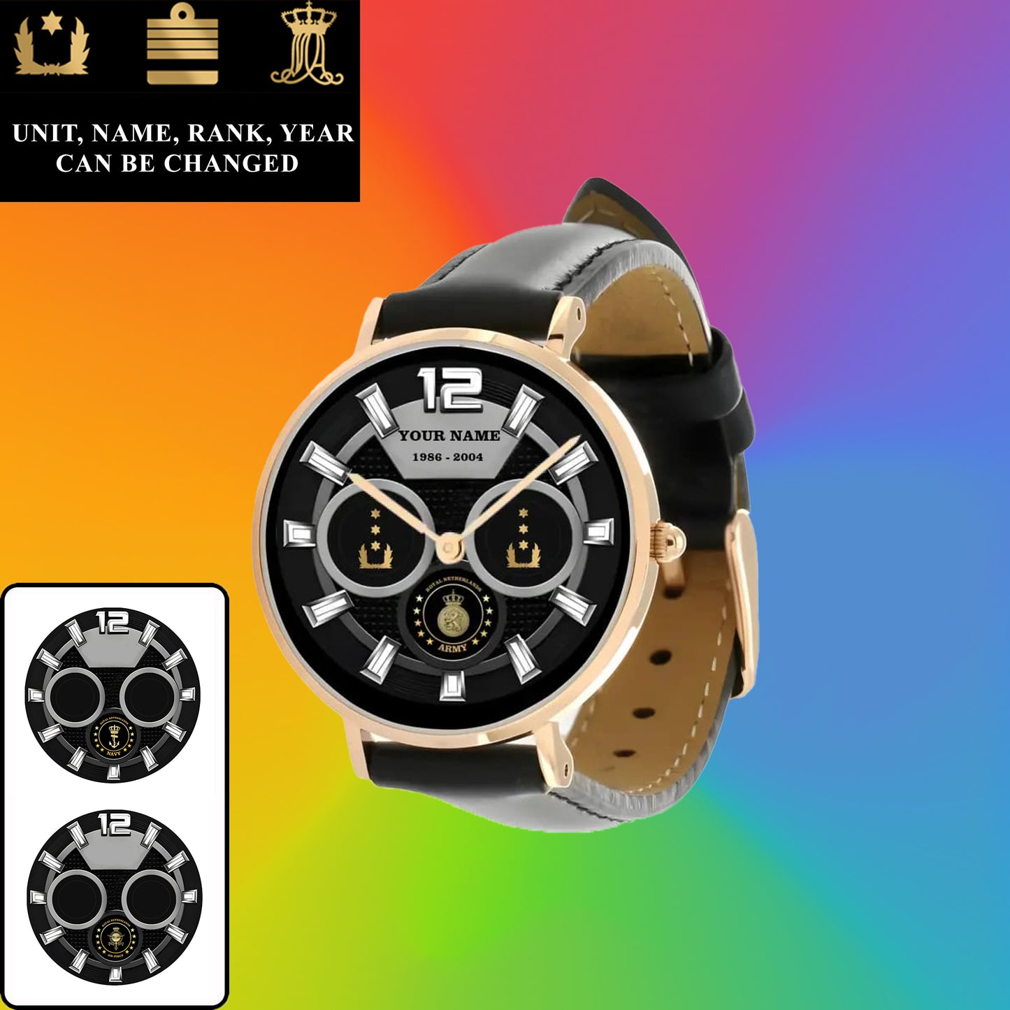 Montre personnalisée en cuir noir avec coutures noires pour soldat/vétéran des Pays-Bas avec nom, grade et année - 27042401QA - Version dorée