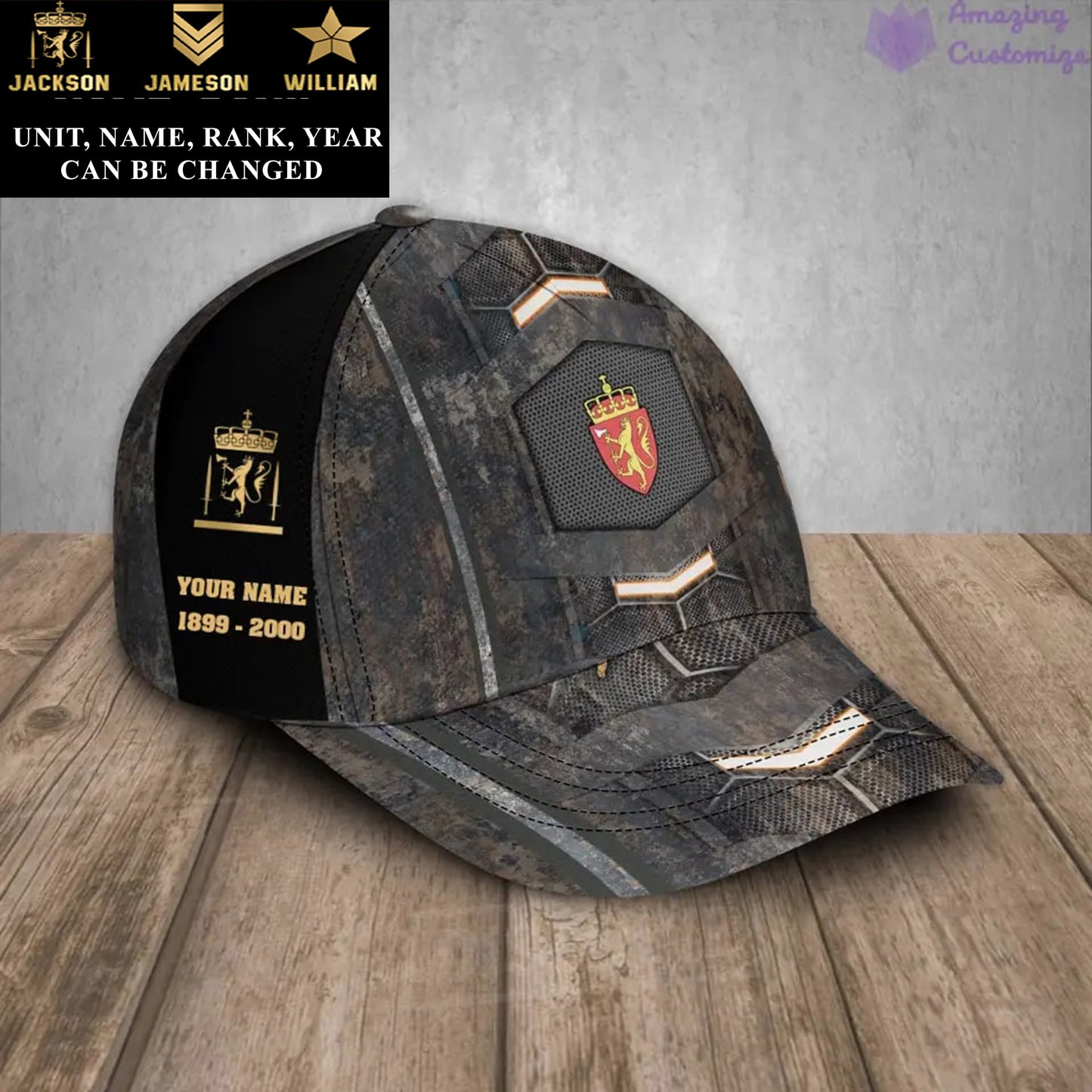 Casquette de baseball camouflage personnalisée avec rang, année et nom de soldat/vétéran norvégien - 17151264