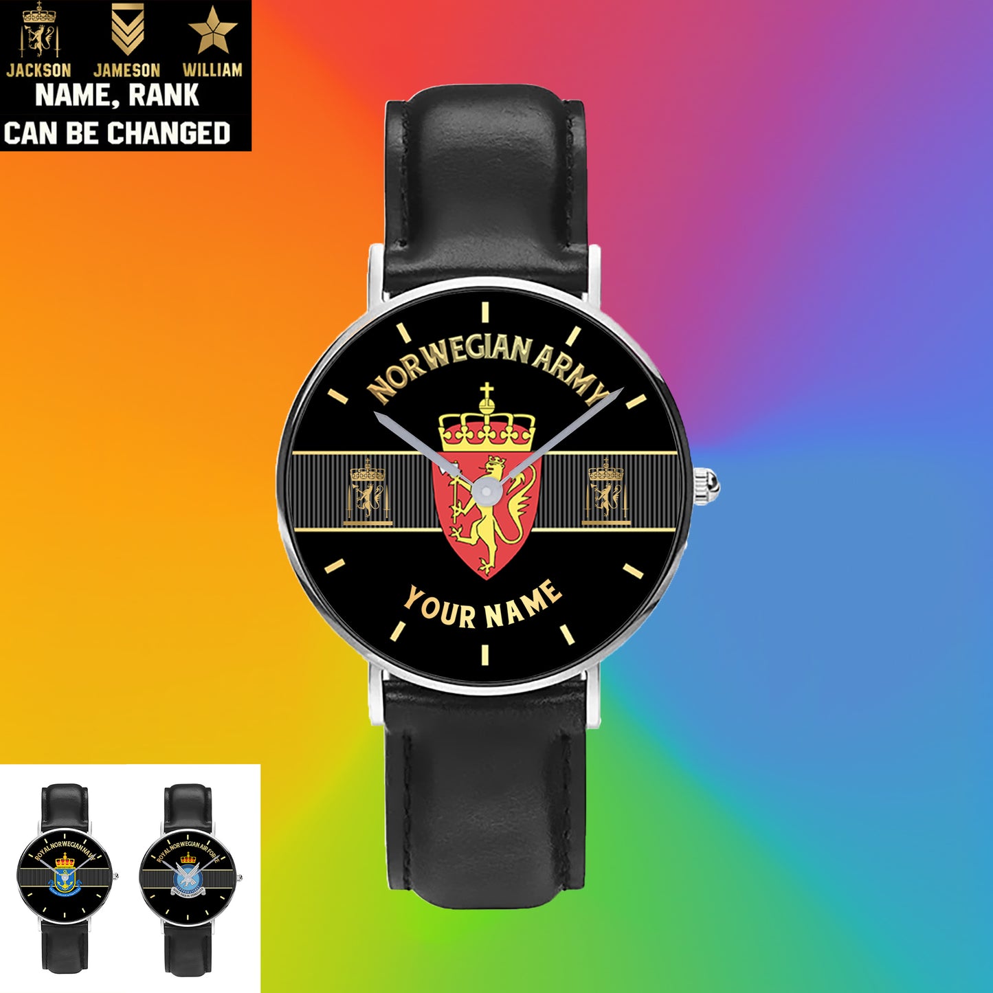 Montre personnalisée en cuir noir avec coutures noires pour soldat/vétéran norvégien avec nom et grade - 0703240001 - Version dorée