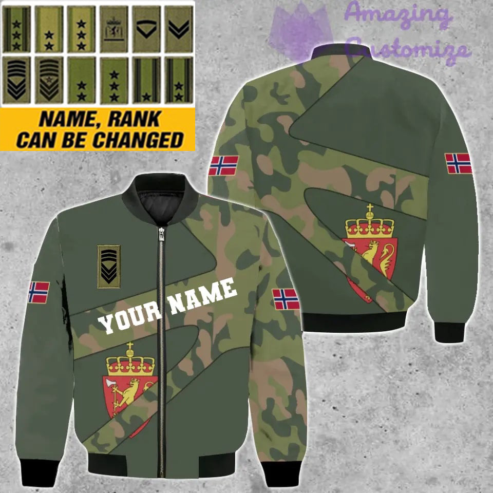 Personalisierte Bomberjacke mit Camouflage-Muster für norwegische Soldaten/Veteranen mit Namen und Rang, 3D-Druck – 300124QA