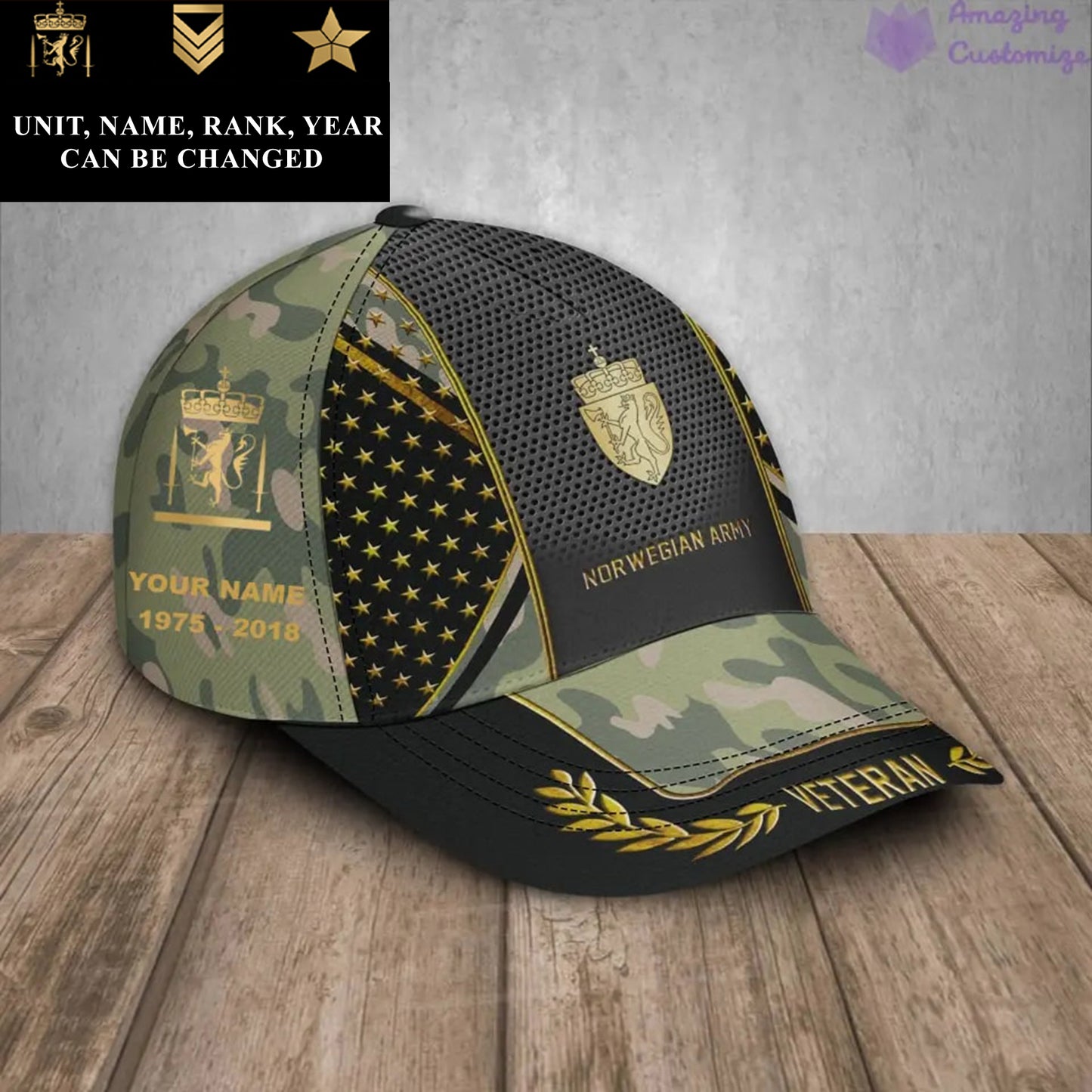 Casquette de baseball camouflage personnalisée avec rang, année et nom de soldat norvégien/ancien combattant - 16847136