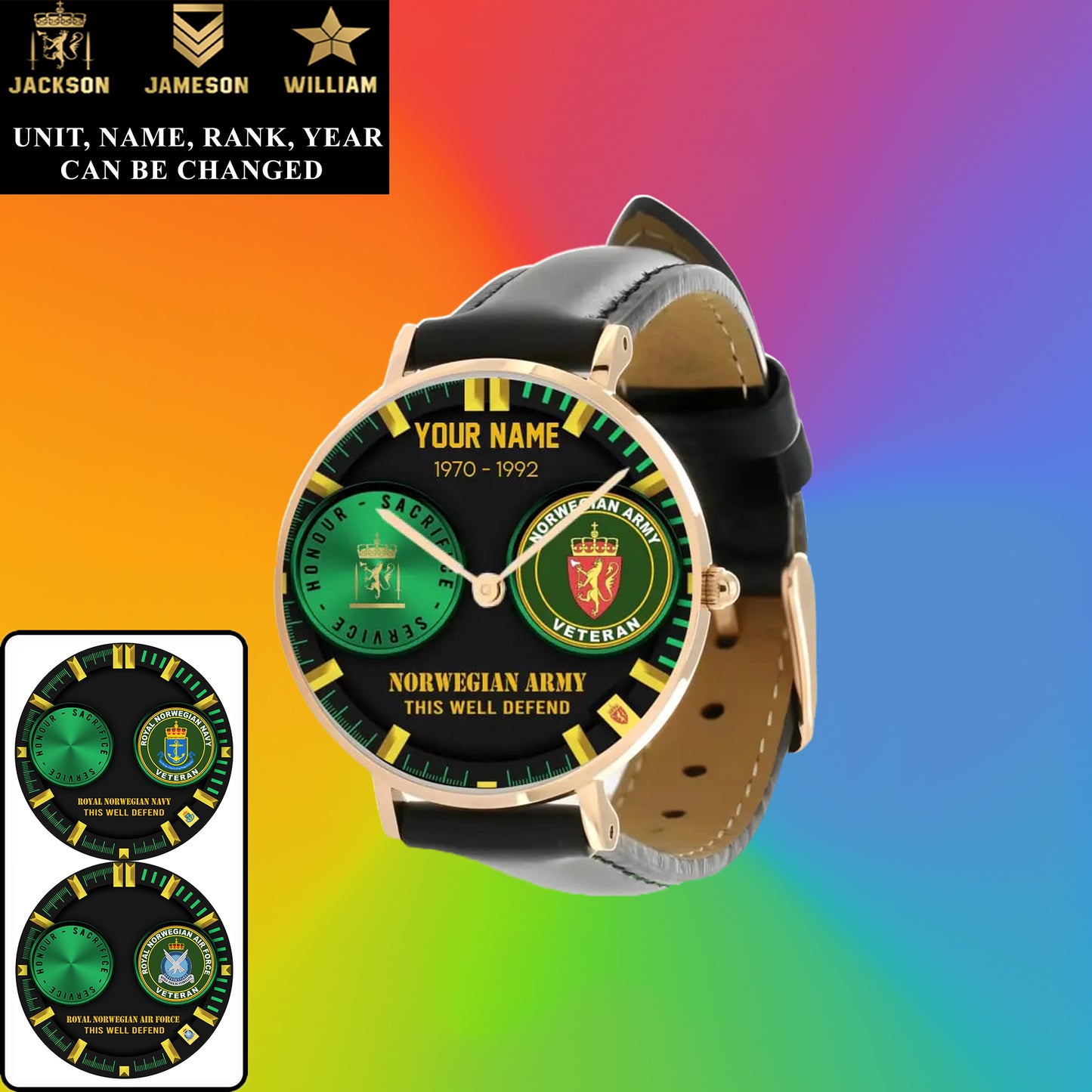 Personalized Norway Soldier/ Veteran With Name, Rank and Year Black Stitched Leather Watch - 18062402QA - Gold Version