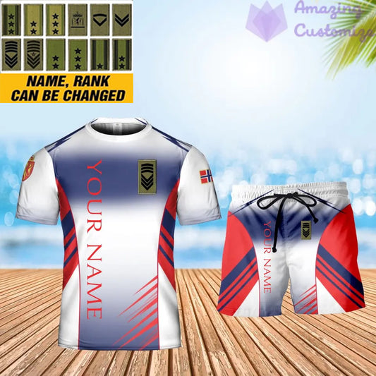 Personalisiertes norwegisches Soldaten-/Veteranen-Tarnmuster mit Namen und Rang, Kombi-T-Shirt + Shorts, 3D-Druck -16052401QA