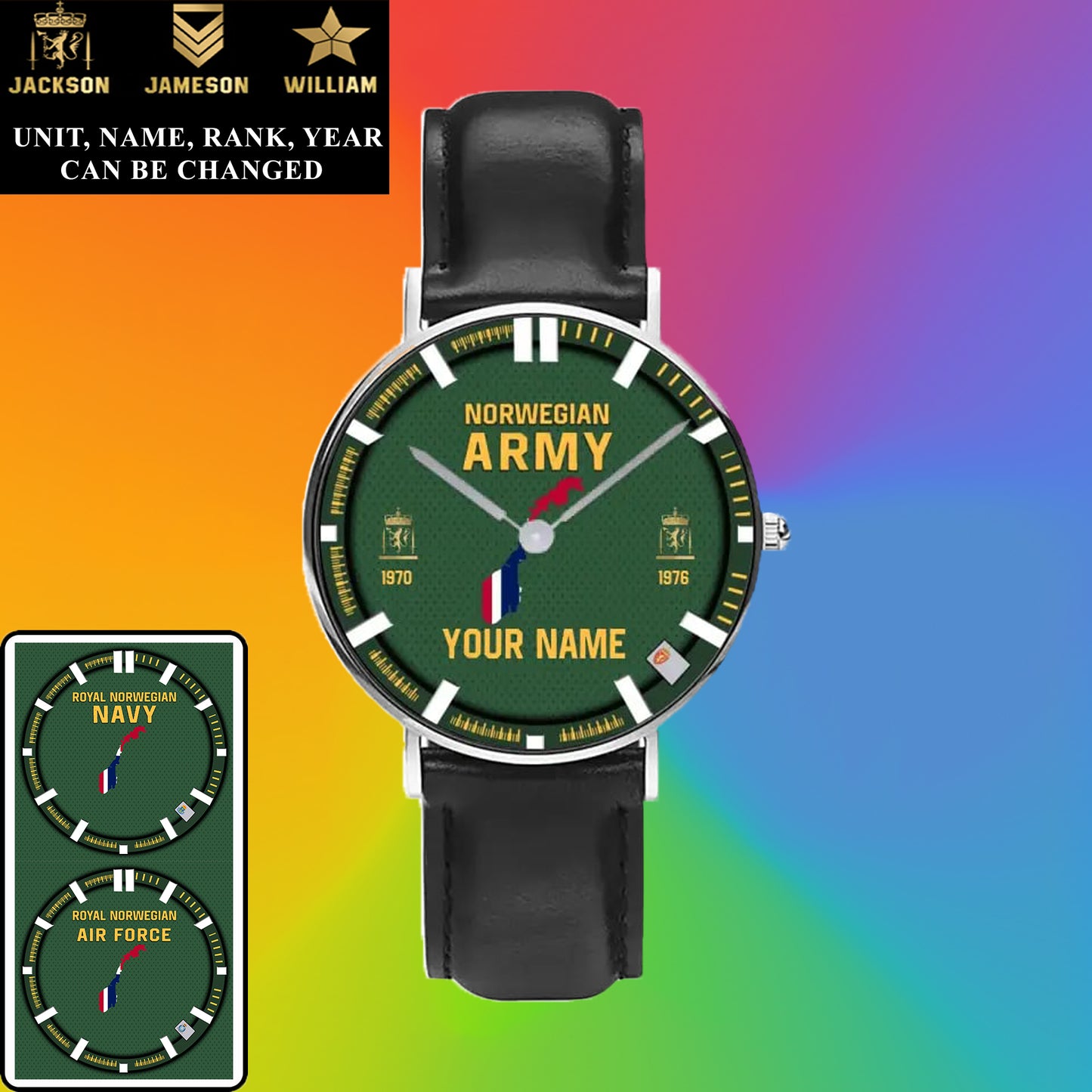 Montre personnalisée en cuir noir avec coutures noires pour soldat/vétéran norvégien avec nom, grade et année - 17062402QA - Version dorée