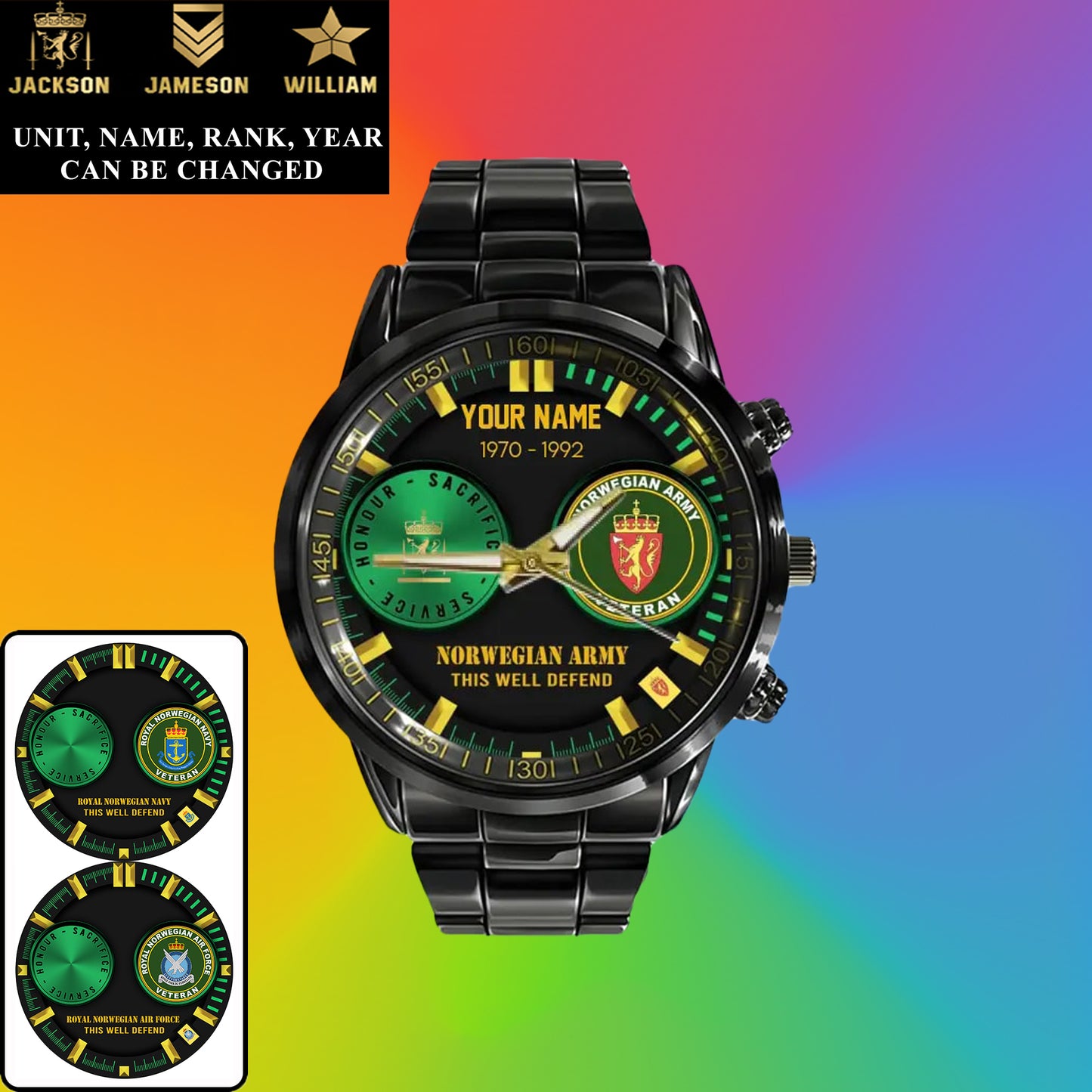 Personalized Norway Soldier/ Veteran With Name, Rank and Year Black Stainless Steel Watch - 18062402QA - Gold Version