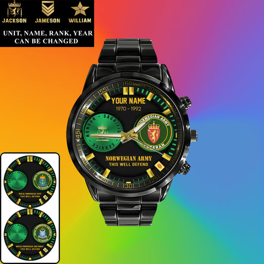 Personalized Norway Soldier/ Veteran With Name, Rank and Year Black Stainless Steel Watch - 18062402QA - Gold Version