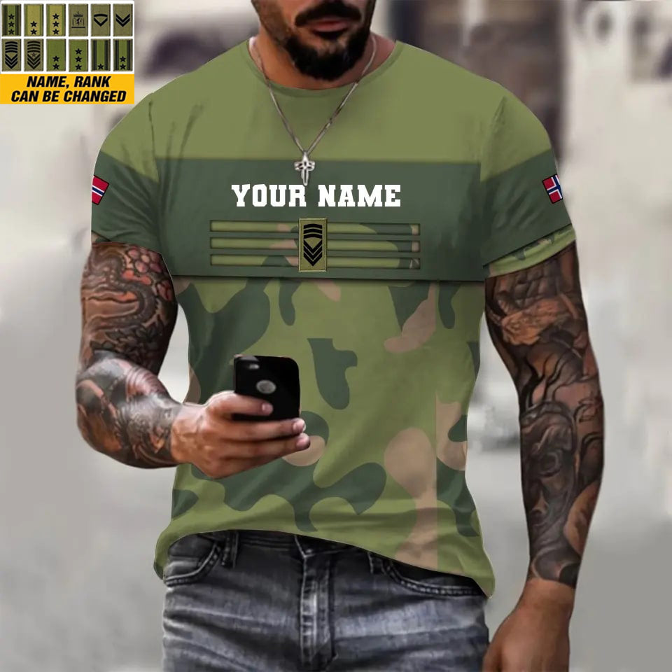 Personalisiertes T-Shirt mit norwegischem Soldaten-/Veteranen-Tarnmuster mit Namen und Rang, 3D-Druck – 1201240001QA