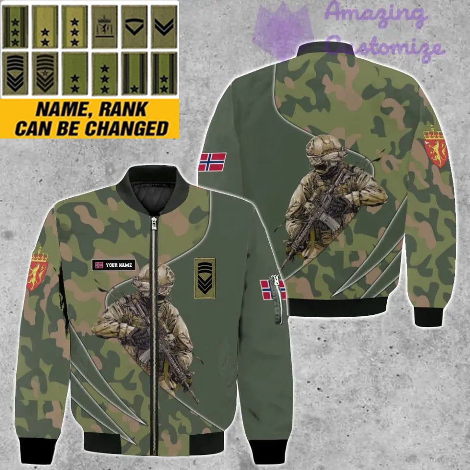 Personalisierte Bomberjacke mit Camouflage-Muster für norwegische Soldaten/Veteranen mit Namen und Rang, 3D-Druck – 150524QA