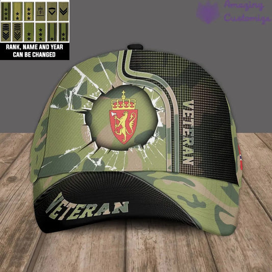 Casquette de baseball camouflage personnalisée avec rang, année et nom de soldat/vétéran norvégien - 16854048