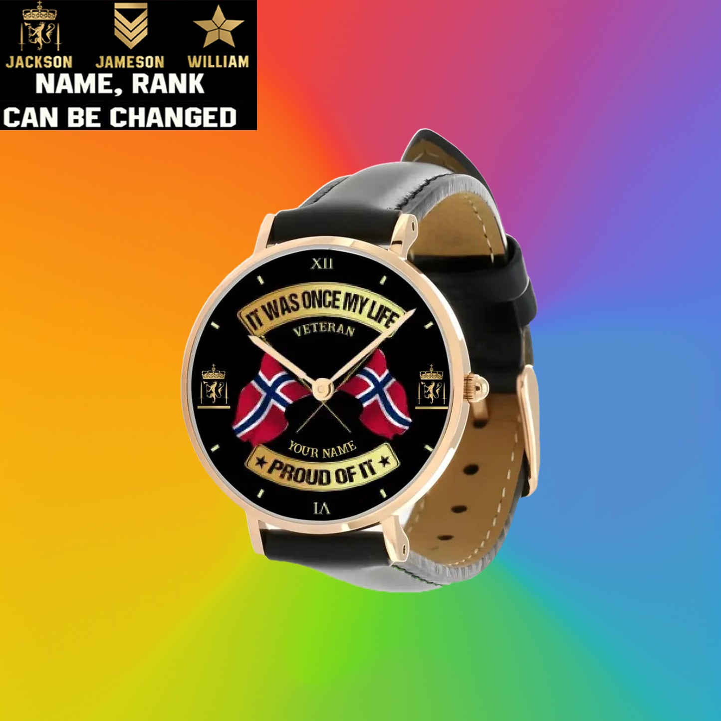 Personalized Norway Soldier/ Veteran With Name and Rank Stitched Leather Watch - 03052401QA - Gold Version