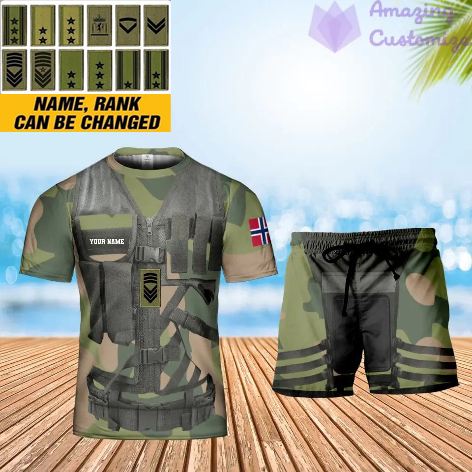 Personalisiertes norwegisches Soldat/Veteranen-Tarnmuster mit Namen und Rang, Kombi-T-Shirt + Short, 3D-Druck -22042401QA