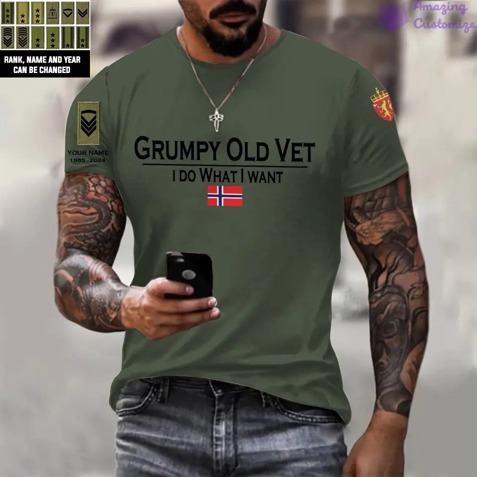 Personalisiertes T-Shirt mit Rundumdruck „Norwegischer Soldat/Veteran“ mit Namen und Rang – 24062401QA