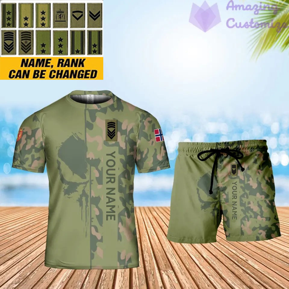 Personalisiertes norwegisches Soldaten-/Veteranen-Tarnmuster mit Namen und Rang, Kombi-T-Shirt + Shorts, 3D-Druck -10052401QA